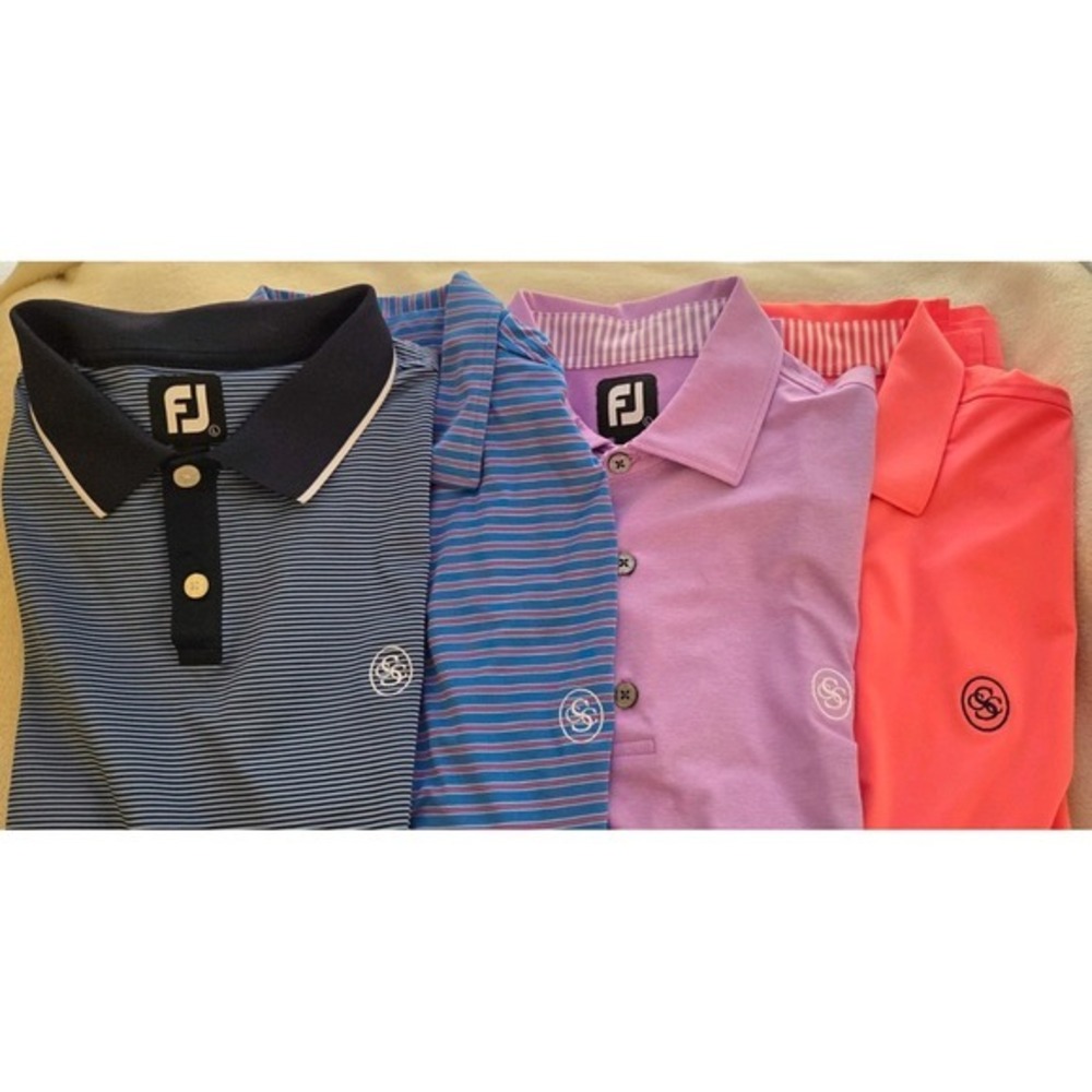 FOOTJOY MENS BUNDLE OF 4 GOLF POLOS SIZE LARGE. CCS LOGO ON EACH POLO